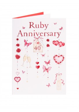 Ruby Anniversary Card Red Butterflies & Hearts